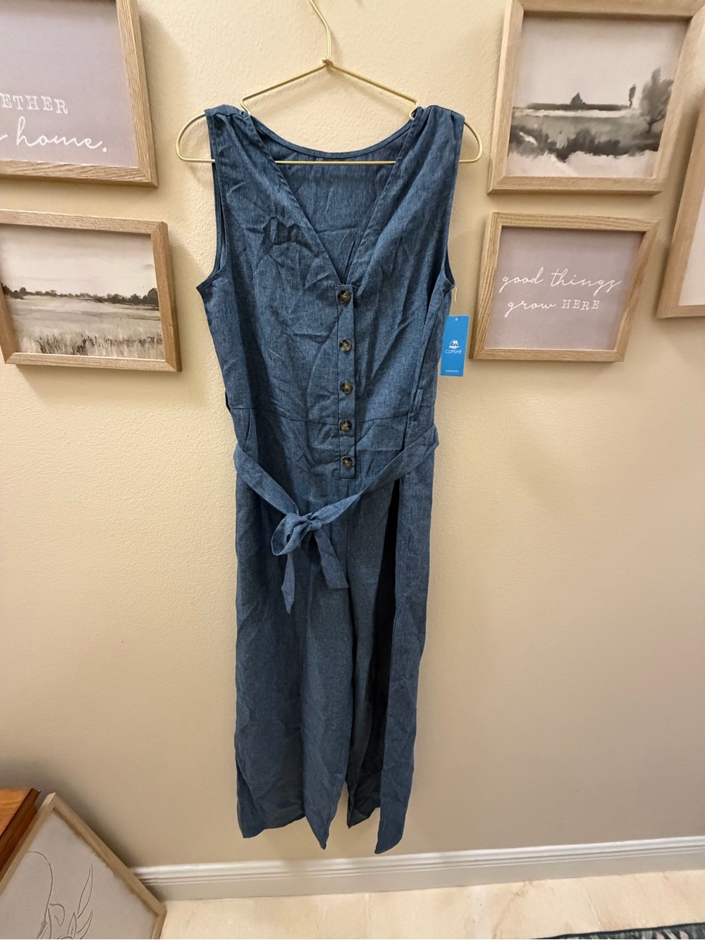 Cupshe Blue Sleeveless Button-Front Jumpsuit with Tie Waist